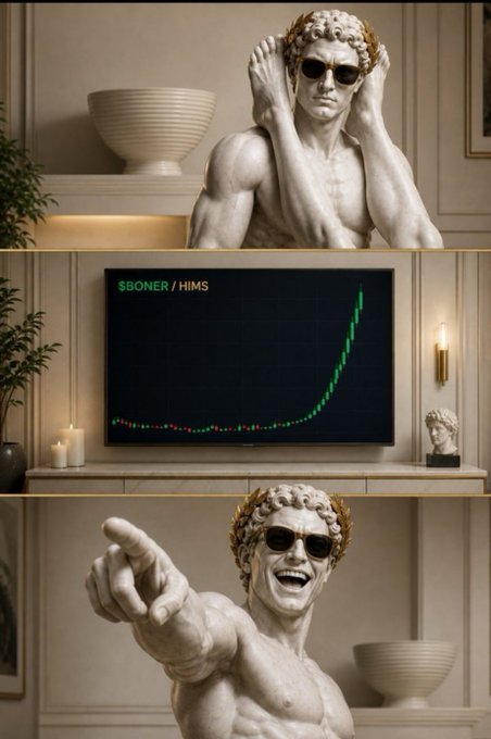A vertical composite meme featuring two statues of a muscular man wearing sunglasses, with a stock chart displaying a green upward trend labeled '$BONER / HIMS' in the middle.