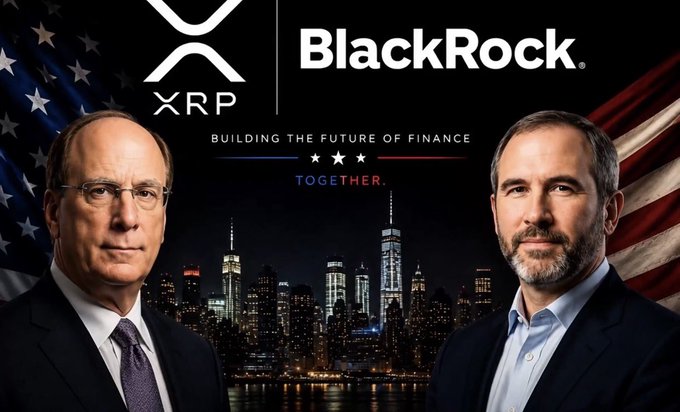 A graphic titled "Building the Future of Finance Together" features the BlackRock and XRP logos, alongside portraits of Larry Fink and Brad Garlinghouse set against a nighttime city skyline with American flags. The image visually reinforces the post's rumor about BlackRock potentially filing for a spot XRP ETF, pairing the two companies' branding to emphasize the speculated partnership.