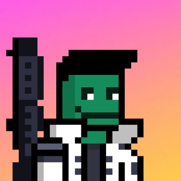 A green Pepe the Frog character wearing a white lab coat and holding a rifle stands against a pink-to-orange gradient background, fitting the post's reference to "Pepe & Glitched Pepe" as a "Banger Bot." The pixel-art style and armed, militant appearance align with the meme's tribute to Pepe variants and crypto/bot culture.