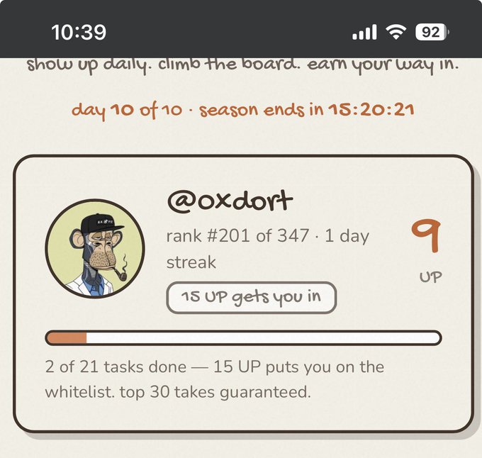 A screenshot of a gaming or task-tracking interface showing 'day 10 of 10', a user profile '@oxdorf' with a monkey avatar at rank #201 of 347, and a progress bar indicating '2 of 21 tasks done'.
