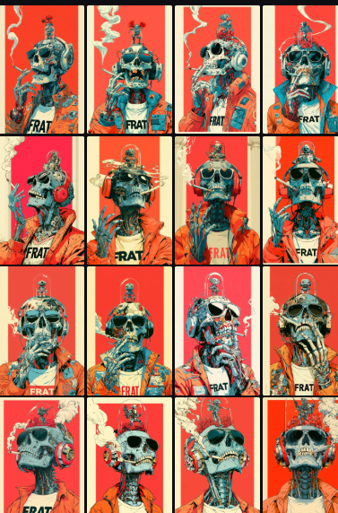 A grid of sixteen comic-style illustrations featuring cyborg skulls with glowing red eyes, cigarettes, and various accessories, each labeled with the word "FRAT" on a red background.
