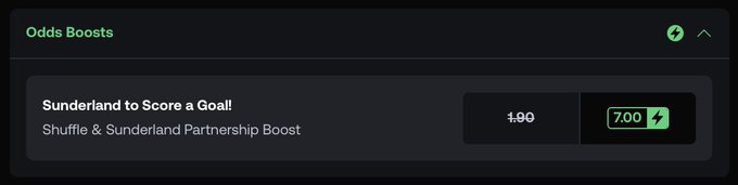 A dark-themed digital interface displays an 'Odds Boosts' section for 'Sunderland to Score a Goal! - Shuffle & Sunderland Partnership Boost' with original odds of 1.99 boosted to 7.00, indicated by a green lightning bolt icon.