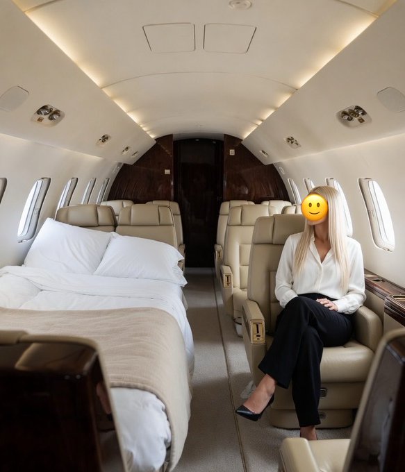 The image shows an airplane cabin interior, where a woman is sitting next to a bed. The woman appears to be wearing black pants and heels. She has blonde hair and is smiling at the camera. In front of her are two chairs, one on each side of the bed. There is also a suitcase placed near the center of the scene.

The post seems to be about an XRP exchange gone wrong or a disagreement between a person and their girlfriend regarding XRP. The woman's reaction to this situation might be interpreted as frustration or annoyance towards her partner, who she feels has been taking advantage of her by buying XRP without her consent.