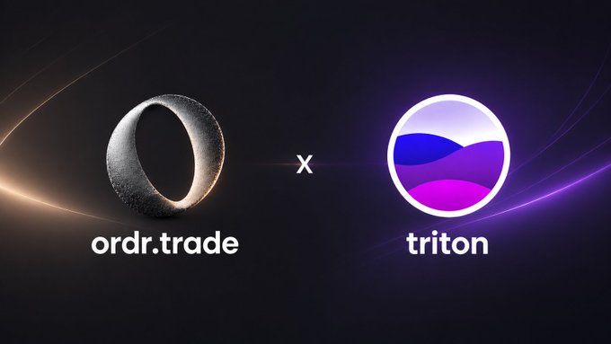 Promotional graphic showing a partnership between 'ordr.trade' and 'triton' (formerly RunesDex), with their logos displayed on either side of an 'x' on a dark background.