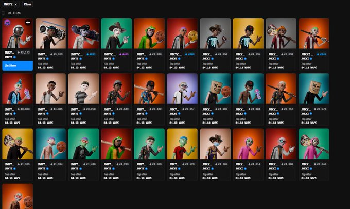 A grid display of JNKYZ NFT characters on a marketplace interface, each showing a price and '34.13 WAPE' beneath various stylized 3D avatars with different hats, props, and colorful backgrounds.