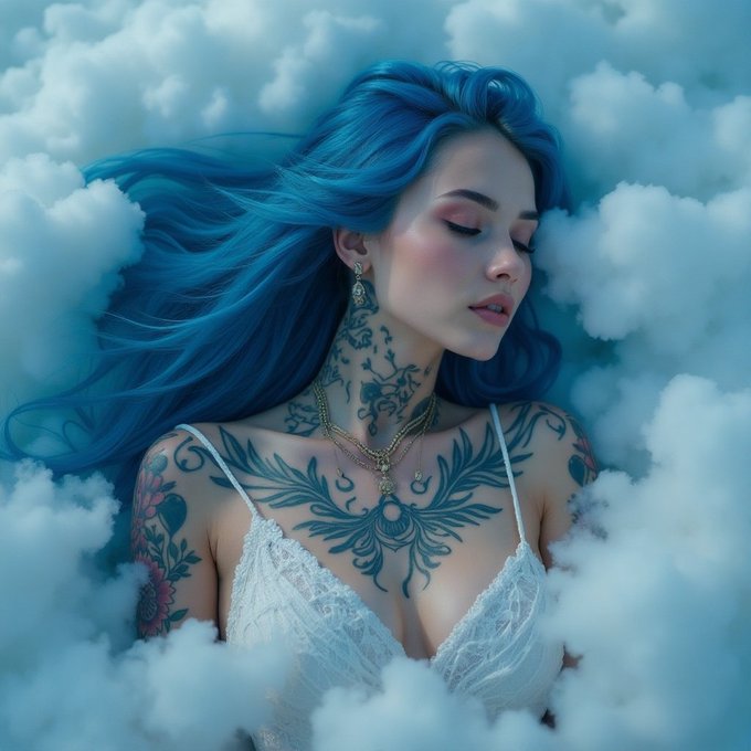 An ethereal portrait of a woman with flowing bright blue hair and intricate dark tattoos on her neck and chest, eyes closed, wearing a white lace top, surrounded by soft white clouds.