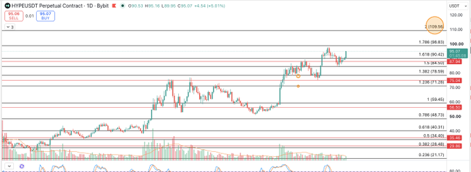 A cryptocurrency trading chart for "HYPEUSDT Perpetual Contract" showing price action with green and red candles, key Fibonacci retracement levels, and a current price around 95.07 USDT.