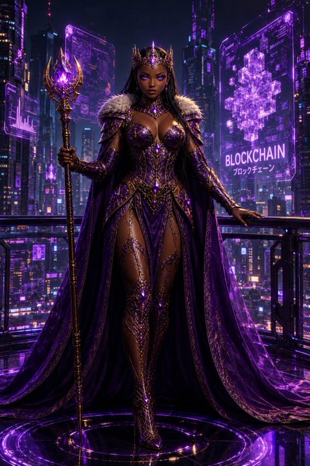 A fantasy queen in ornate purple armor and a flowing cape holds a staff, standing before a cyberpunk cityscape with a holographic display reading 'BLOCKCHAIN' in English and Japanese.