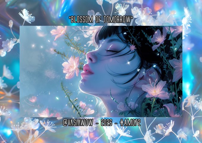 A digital artwork titled 'BLOSSOM OF TOMORROW' by @VASI4WOW - 2026 - #AM072, depicting a serene woman surrounded by pink flowers against a vibrant blue background.