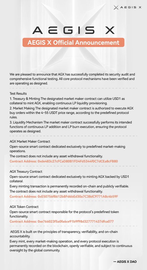 An AEGIS X Official Announcement detailing the completion of a security audit, with information on the AGX Market Maker, Treasury, and Token Contracts along with their respective contract addresses.