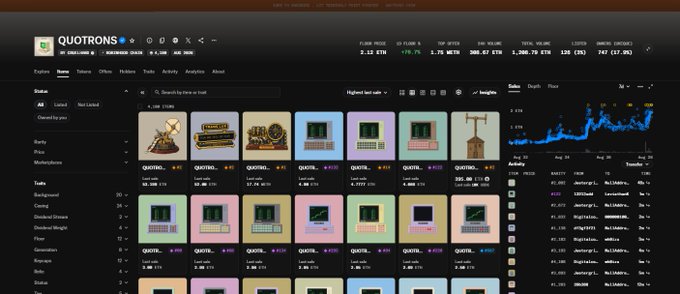 A screenshot of the Quotruns NFT marketplace on Ethereum, displaying a floor price of 2.12 ETH and a grid of various digital assets including machinery and character cards.