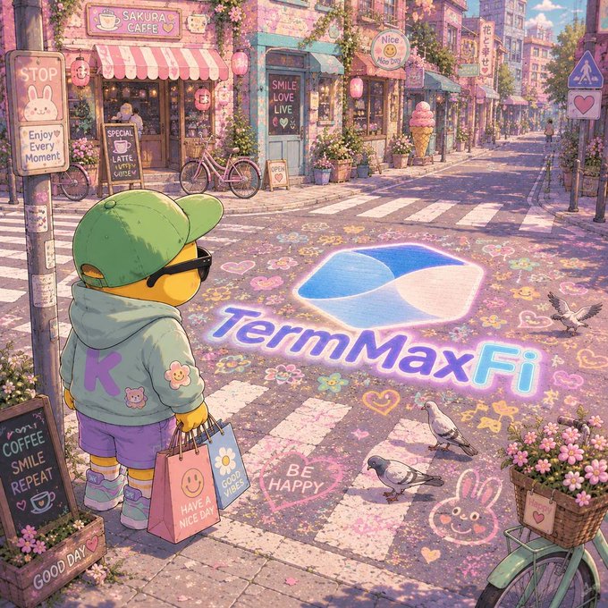 A cute cartoon character in a green cap and hoodie stands at a pastel pink street intersection holding shopping bags, surrounded by chalk drawings, pigeons, and a glowing "TermMaxFi" logo on the pavement.

The whimsical, approachable aesthetic of the "TermMaxFi" logo amid cheerful street art visually echoes the post's message about the platform's forgiving daily streak feature, reinforcing the idea that TermMaxFi offers a lighthearted, low-pressure experience distinct from crypto's typical high-stakes culture.