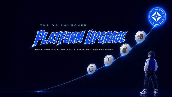 A promotional banner for 'The V5 Launcher Platform Upgrade' with text 'Docs Updated · Contracts Verified · App Upgraded' showing icons rising along a curved line.