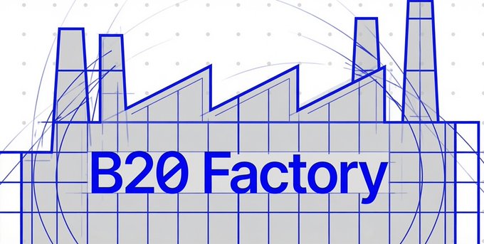 The image features a blue blueprint-style illustration of a factory with the text "B20 Factory," visually reinforcing the post's announcement of B20 Factory as a platform for launching tokens, minting assets, and trading seamlessly on Base.