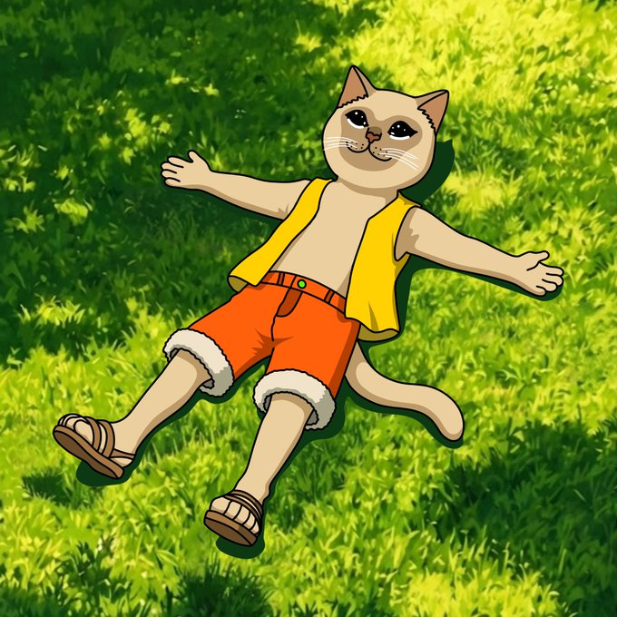 An animated anthropomorphic cat wearing a yellow vest and orange shorts lies relaxed on vibrant green grass with arms spread wide, embodying the post's "touch grass" message and reflecting the cheerful, community-driven spirit of the Cashcat meme contest entry.