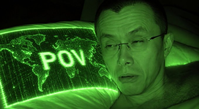 A point-of-view (POV) image of a person with glasses in bed with a transparent 'POV' text and a green glowing digital world map overlaid on a pillow.