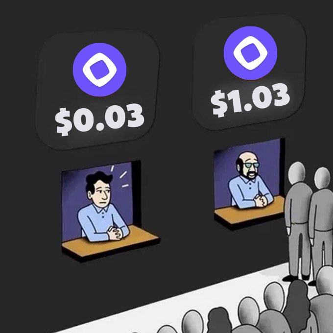 The image features a cartoon depiction of two men sitting at desks, with one man's desk labeled "0.03" and the other labeled "1.03", suggesting that they are selling something for $1.03 each. The cartoon also includes a caption about Believing In Something $MON".