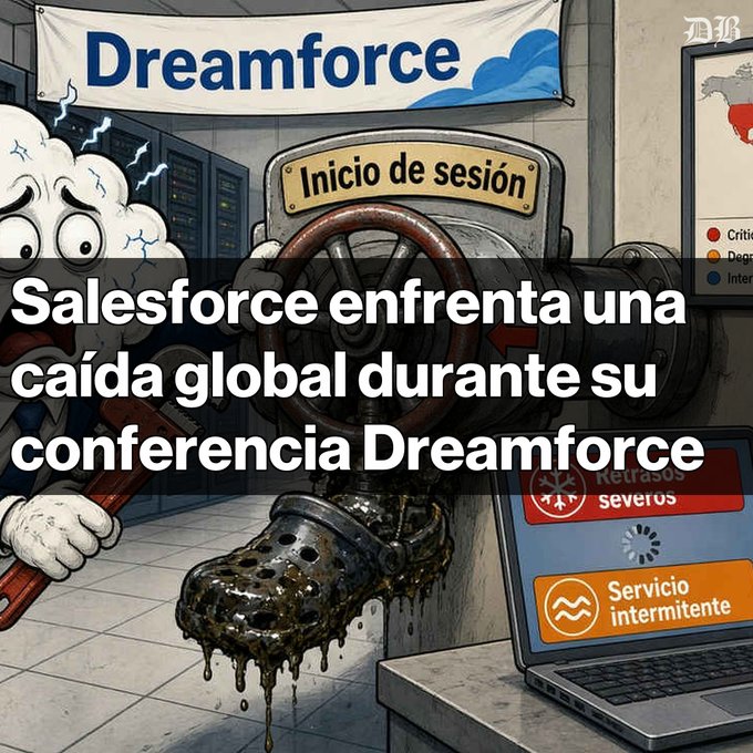 An illustrated image with Spanish text reading 'Salesforce enfrenta una caída global durante su conferencia Dreamforce,' depicting a glitchy cloud character near a valve labeled 'Inicio de sesión' and a computer showing 'Servicio intermitente.'