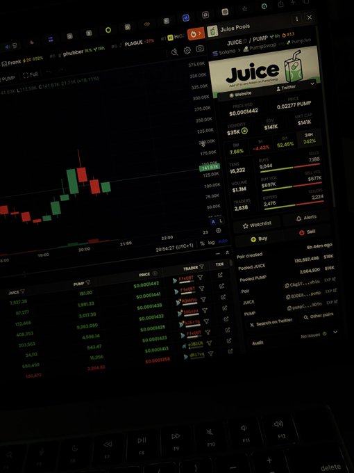 A dark-mode cryptocurrency trading screen on a laptop displaying a candlestick chart for PUMP, with a side panel showing market data for a token called 'Juice' and trade history below.