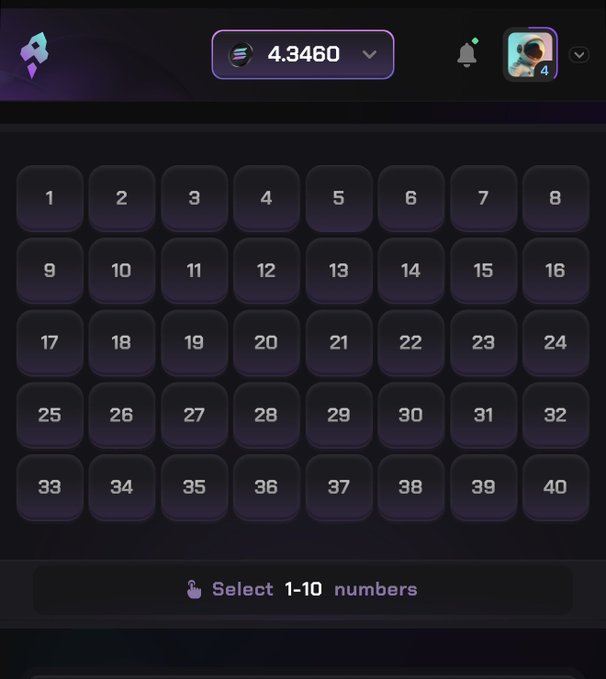 A digital Solpump Keno betting interface displays a grid of numbers 1-40 with a balance of 4.3460 SOL and a prompt to "Select 1-10 numbers," serving as the platform where users like the poster can pick numbers to wager 0.1 SOL per bet.