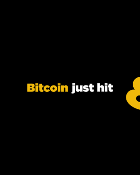 Black background graphic with text 'Bitcoin just hit &' in yellow and white.
