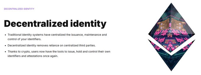 This image displays a presentation slide titled "Decentralized identity" under the header "DECENTRALIZED IDENTITY," featuring three bullet points explaining how traditional identity systems rely on centralized parties while decentralized identity removes that reliance, allowing crypto users to issue and control their own identifiers. The slide includes a decorative Ethereum logo on the right side. The accompanying post appears unrelated to the image's content, as the slide focuses on decentralized identity concepts rather than any trading or pool-related topic involving $Gio.