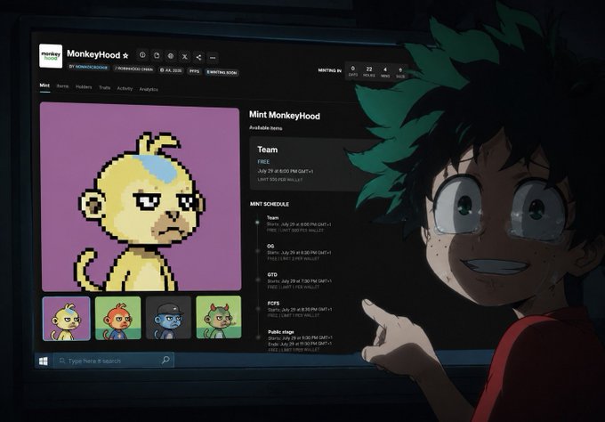 A wide-eyed anime character excitedly points at a computer screen displaying the "Mint MonkeyHood" NFT project website, which shows mint schedules for teams including Team, OG, GTO, FCFS, and Public stage on July 29, priced at 0.003 ETH. The image captures the character's eager anticipation for the upcoming mint, aligning with the poster's concern about lacking a whitelist spot for MonkeyHood.