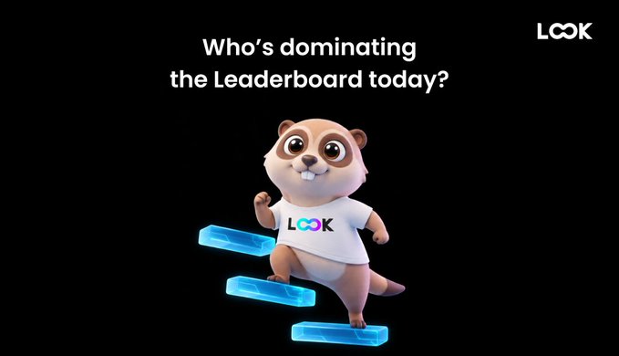A 3D animated mascot wearing a "LOOK" shirt climbing blue steps against a black background, with the text "Who's dominating the Leaderboard today?" and the "LOOK" logo.