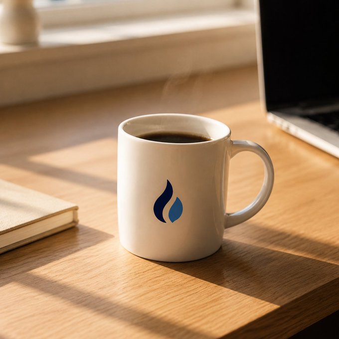 A white ceramic mug filled with steaming black coffee sits on a sunlit wooden desk, bearing a blue flame-like logo. Its warm, inviting scene pairs perfectly with the post's comforting "Good morning" greeting, evoking a quiet start to the day alongside a nearby book and laptop.