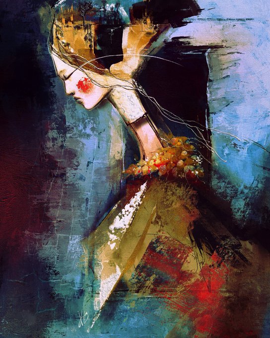 A mixed-media style painting of a woman's profile with red lips, dark hair, and an ornate beaded collar against a blue background.