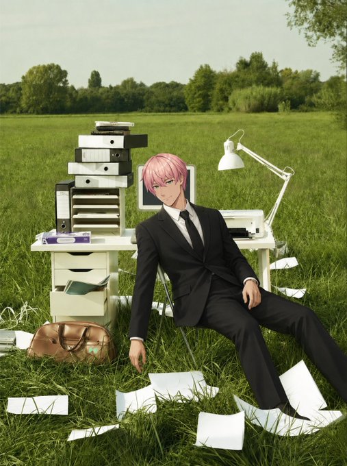 An anime-style illustration of a pink-haired man in a black suit sitting in a grassy field with an office desk, scattered papers, and filing cabinets behind him.