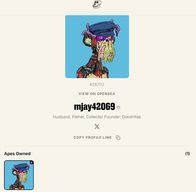 The image shows a cartoon of a monkey wearing glasses, sunglasses, and a hat with purple and pink colors. The monkey appears to be wearing a blue bandana or cap that has a skull design on it. The caption below the image reads "I'm not following enough Apes! Where are all the @BoredApeYC members". This message is directed towards the post featuring the cartoon of the monkey, suggesting that there might be some confusion about the post's content and possibly an interest in the cartoon or its creator.