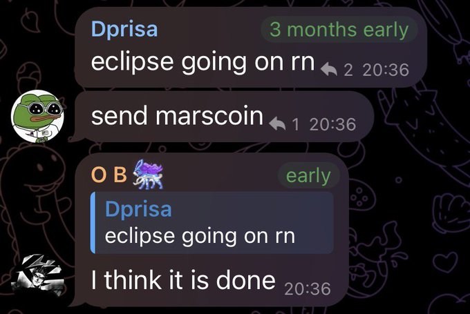 A Discord conversation screenshot showing user "Dprisa" commenting "eclipse going on rn" at 20:36, to which the user then responds "send marscoin" and later "I think it is done." The exchange playfully references a lunar eclipse occurring in real-time, connecting to the post's joke about the moon changing trajectory for "marscoin."