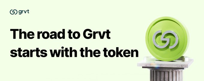 A promotional banner reads, “The road to Grvt starts with the token,” beside a large green GRVT token on a pedestal. It visually supports the post’s discussion of GRVT’s 1.1 million token buyback and burn and the planned launch of Grvt Earn.