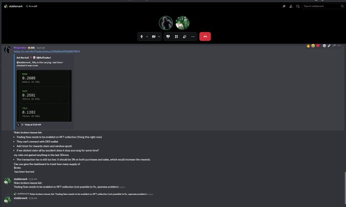 A Discord voice call between stabletank_ and Ekspdrab0x9 discussing a trading bot NFT collection, showing an embed with a collection link, a starting bid of 0.2080 ETH, a current bid of 0.2591 ETH, and a TBA of 0.1282, while chat messages explain that trading fees need to be enabled on the NFT collection to make it possible to fix transaction and opensea problems. The image relates to the post by showing the collaborative voice session and the technical issues they were resolving together before launching their holder community.