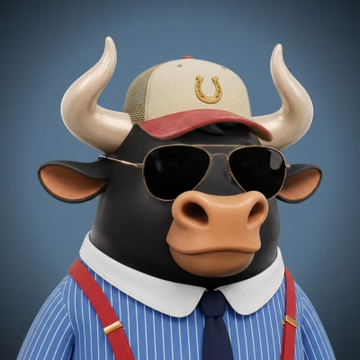 A 3D rendered black bull wearing a cap with a horseshoe logo, sunglasses, a striped shirt, and red suspenders poses against a blue background.