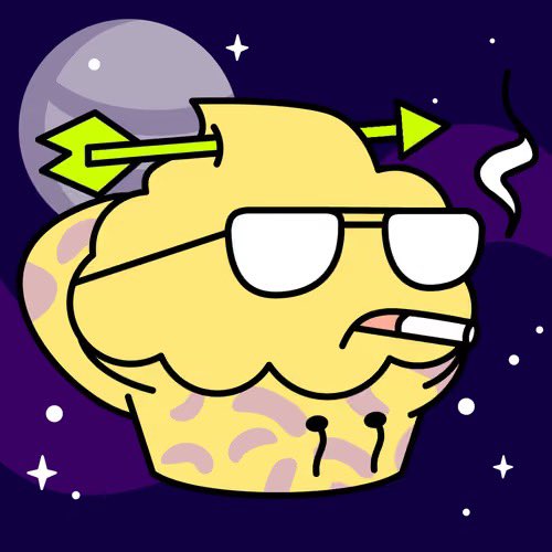 A cartoon illustration of a yellow cupcake character wearing white sunglasses and smoking a cigarette, pierced by a yellow arrow, set against a purple cosmic background with a moon.