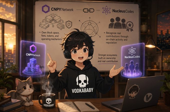 An anime-style illustration shows a character wearing headphones and a 'VODKABABY' skull hoodie sitting at a desk with a cat and laptop, presenting an infographic about 'CNPY Network' and 'Nucleus Codes' that promotes blockchain and digital assets.