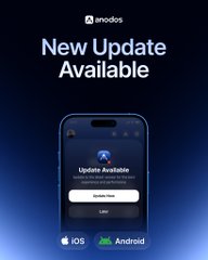 The image shows an Anodos app advertisement announcing a "New Update Available," featuring a smartphone displaying the app's update prompt on a dark blue background, with iOS and Android download icons below. This visual promotes the app update that enables users to trade various cryptocurrencies including XRP, SOL, BTC, ETH, TAO, HYPE, ZCASH, BNB, and SUI onchain 24/7.