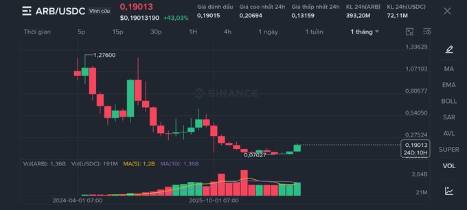 A Binance trading chart showing ARB/USDC at $0.19013 with a +43.03% gain, displaying candlestick patterns on a monthly timeframe from April 2024 to October 2025.