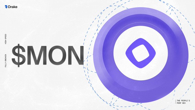 A promotional graphic from Drake featuring the $MON token alongside its purple Monad logo, with the tagline "THE PEOPLE'S PERP DEX" — visually reinforcing the post's offer to trade $MON with up to 5x leverage on the platform.