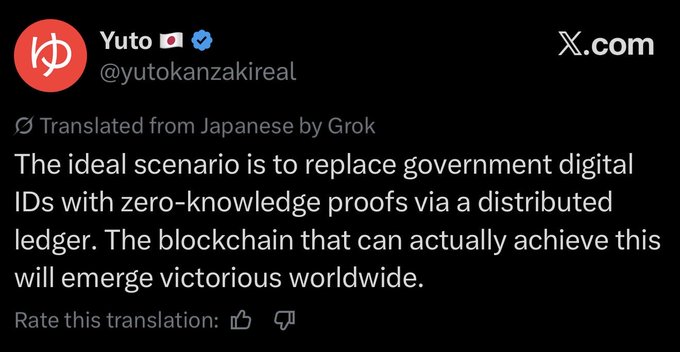 A screenshot of an X.com post by Yuto (@yutokanzakireal) translated from Japanese by Grok, stating: "The ideal scenario is to replace government digital IDs with zero-knowledge proofs via a distributed ledger. The blockchain that can actually achieve this will emerge victorious worldwide."