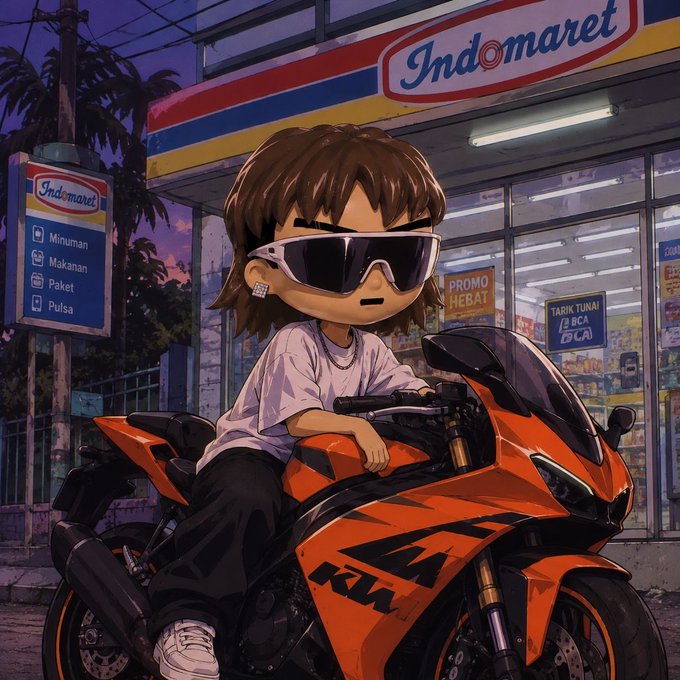 An anime-style digital illustration depicts a character with large sunglasses sitting on an orange KTM sport motorcycle parked in front of an 'Indomaret' convenience store at dusk, with a signboard listing 'Minuman', 'Makanan', 'Paket', and 'Pulsa'.