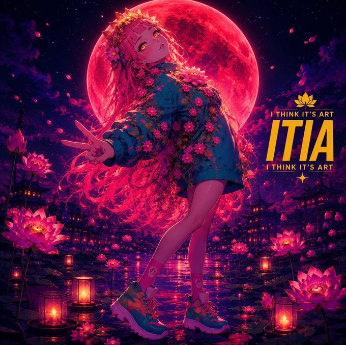 Anime-style artwork of a girl in a floral jacket with pink hair against a large red moon, with the text 'I THINK IT'S ART ITIA'.