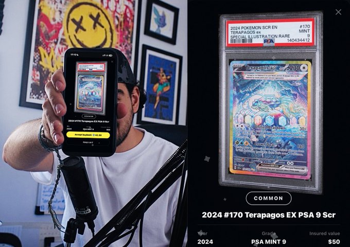 A man wearing a black cap and white t-shirt holding up a phone displaying a graded Pokémon card, shown enlarged as a '2024 #170 Terrapagos EX PSA 9 Scr' card valued at $50.