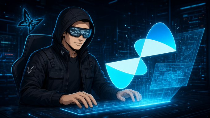 A hooded figure wearing digital goggles works at a holographic laptop displaying a glowing blue qubit symbol, set against a dark cyber-tech cityscape—visually echoing the post's description of learning about qubits through QuipNetwork and applying that knowledge on a test stage.