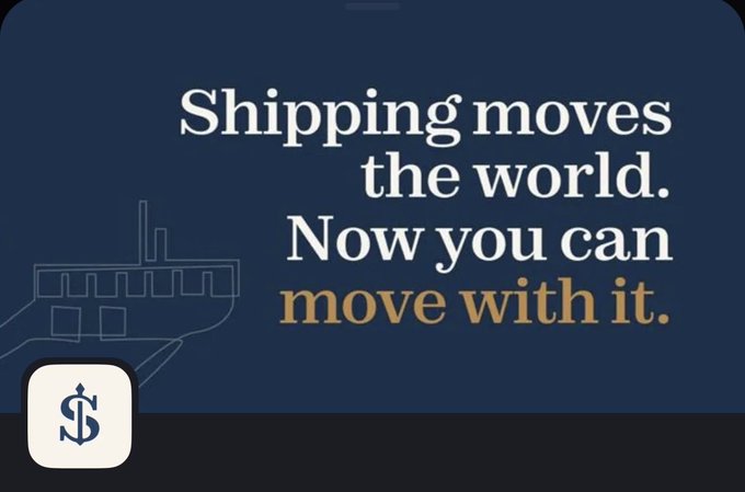 An advertisement with the text 'Shipping moves the world. Now you can move with it.' displayed on a dark blue background, featuring a line drawing of a ship and an app icon with an anchor logo.