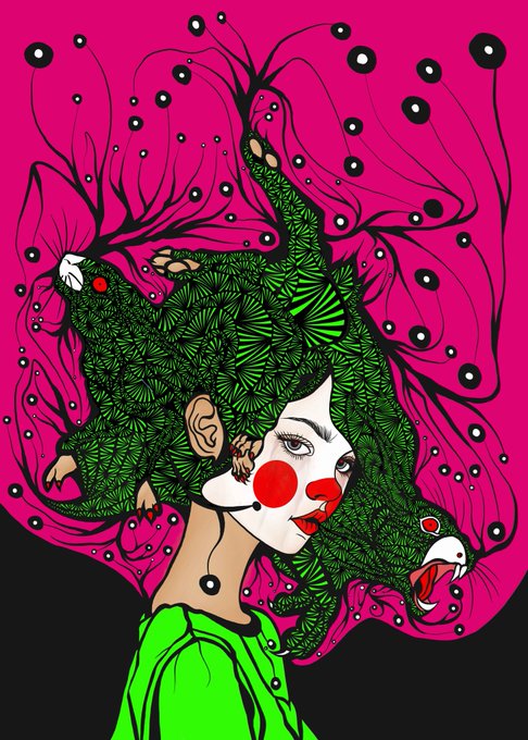 A vibrant digital illustration of a woman in profile with elaborate, surreal green hair styled like foliage, set against a bright pink background with black swirling accents and dots.