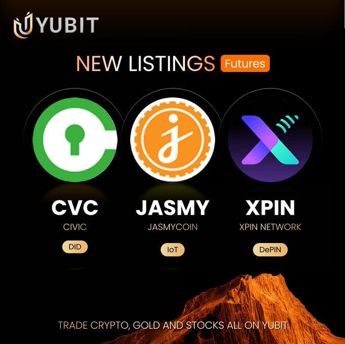 Yubit announces new futures listings for CVC (Civic), JASMY (JasmyCoin, IoT), and XPIN (XPIN Network, DePIN), with the "FEAR" comment appearing to mock the platform's relatively quiet excitement over its new additions.