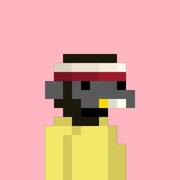 A pixel art portrait of a bird-like figure wearing a white and red striped cap, holding what appears to be a cigarette, set against a pink background.